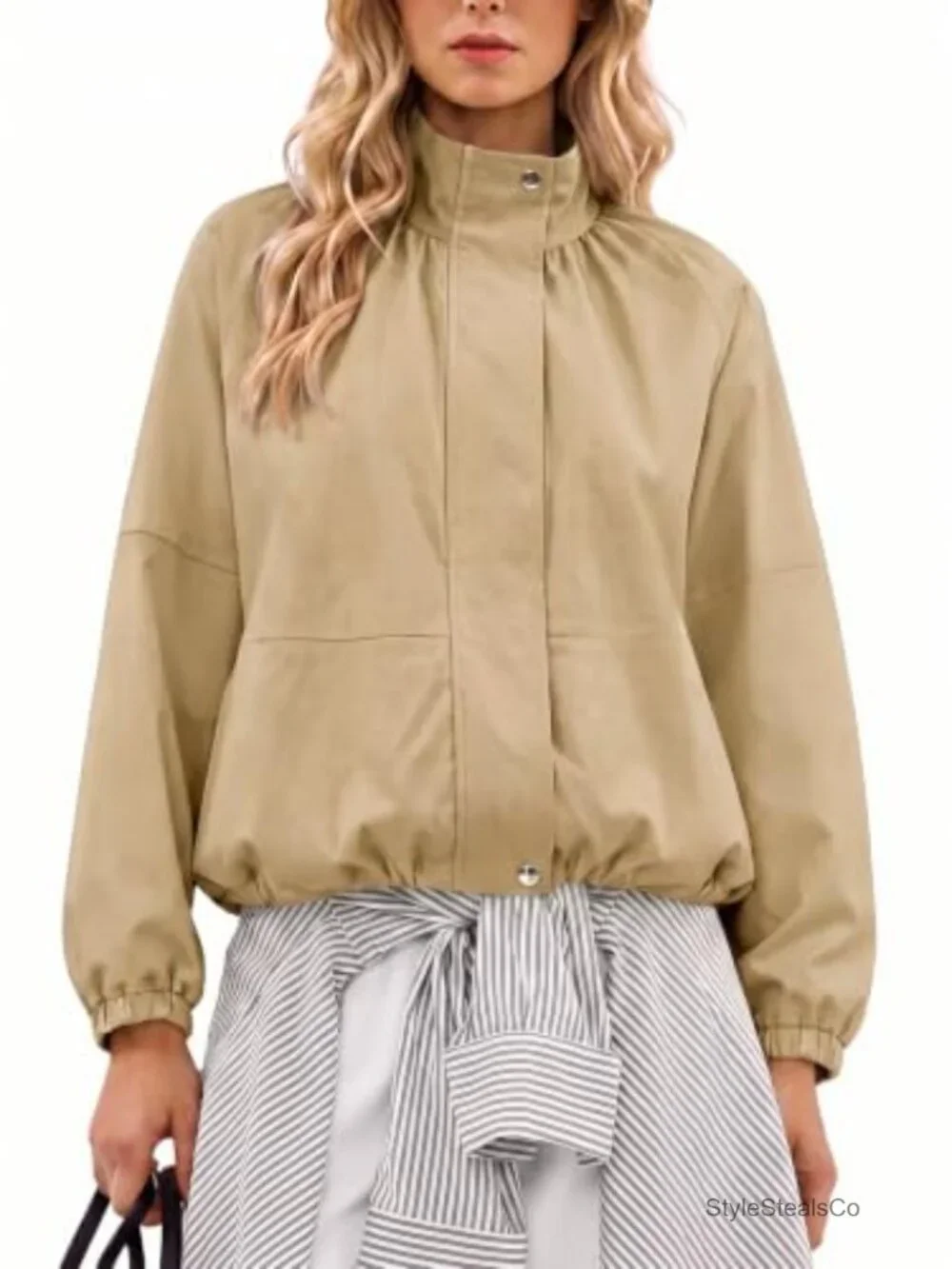 Women's Cropped Bomber Jacket Zip Up Stand Collar Casual Lightweight